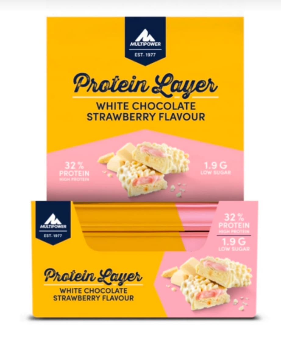 Multipower Protein Layer Bar 18 Adet - Beyaz Çikolata & Çilek Aromalı - Düşük Şeker ( skt kampanyası)