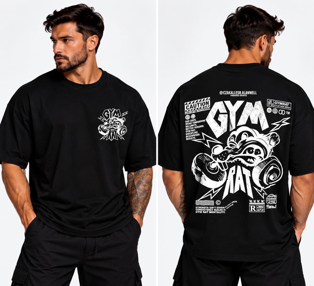 Gym Rat Baskılı Oversize Siyah Beast Mode Tişört